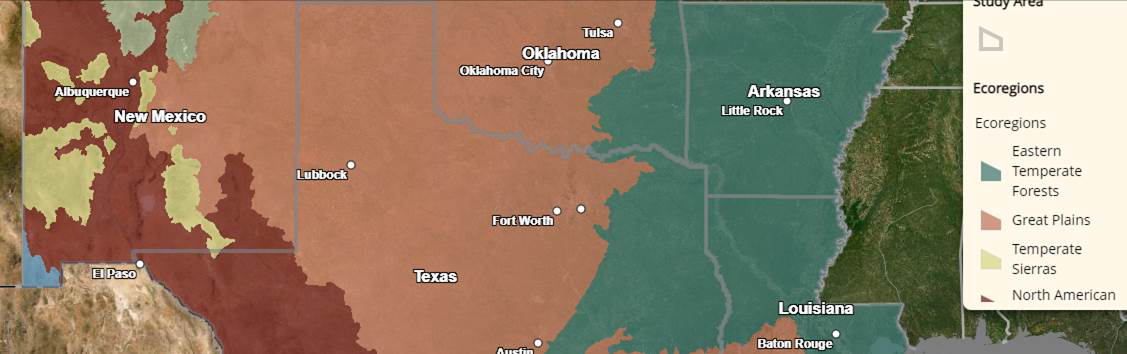 A regional map of New Mexico, Texas, Oklahoma and Arkansas