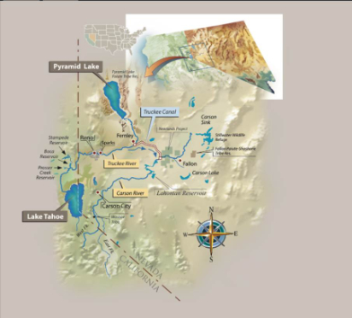 A map of Nevada showing Lake Tahoe and Pyramid Lake